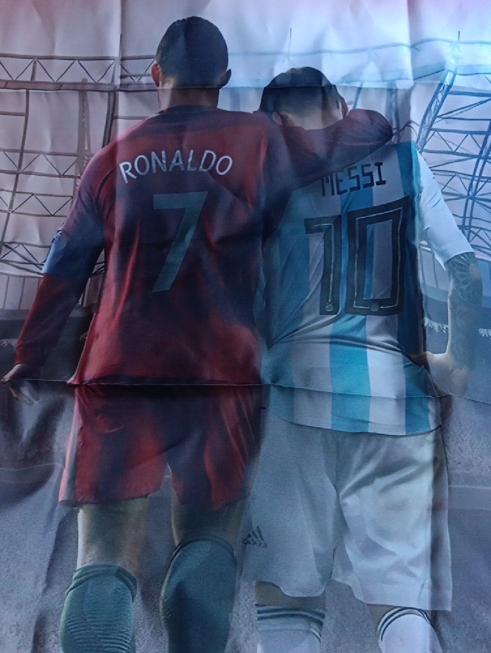 Soccer HANGING BANNER/  TAPESTRY Featuring Ronaldo & Messi - Red and Sky Blue